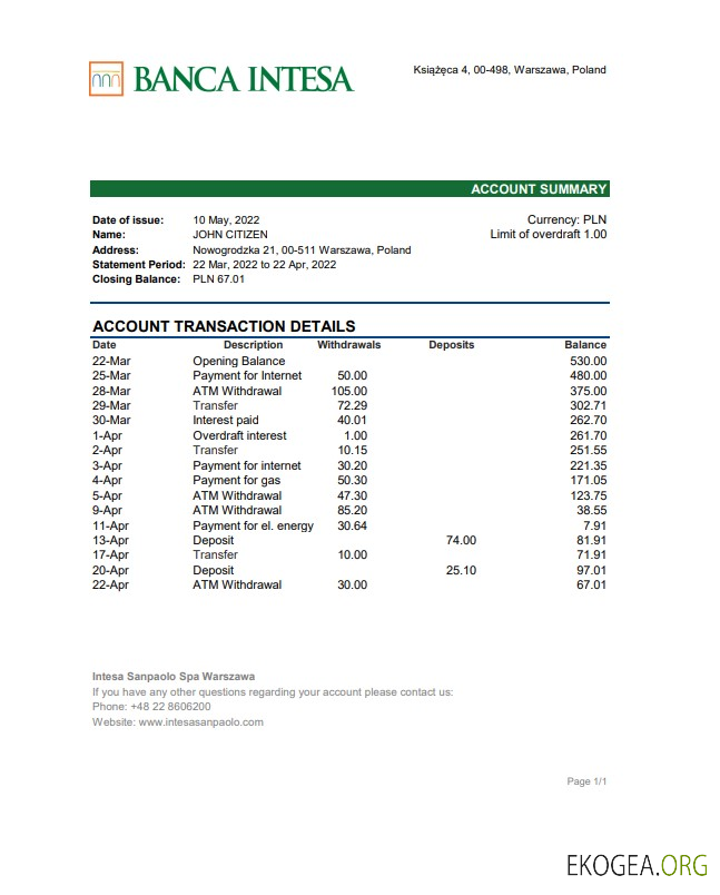 Relevé bancaire de la Banca Intesa en Pologne